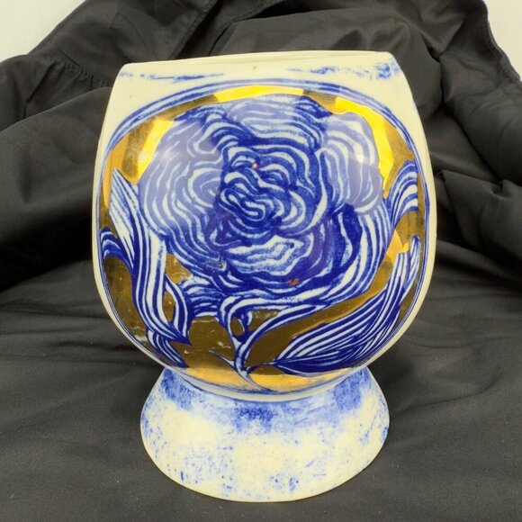 ANTHROPOLOGIE Ruan Hoffmann Jardin des Plantes Ceramic Blue & Gold White Vase - Picture 2 of 12